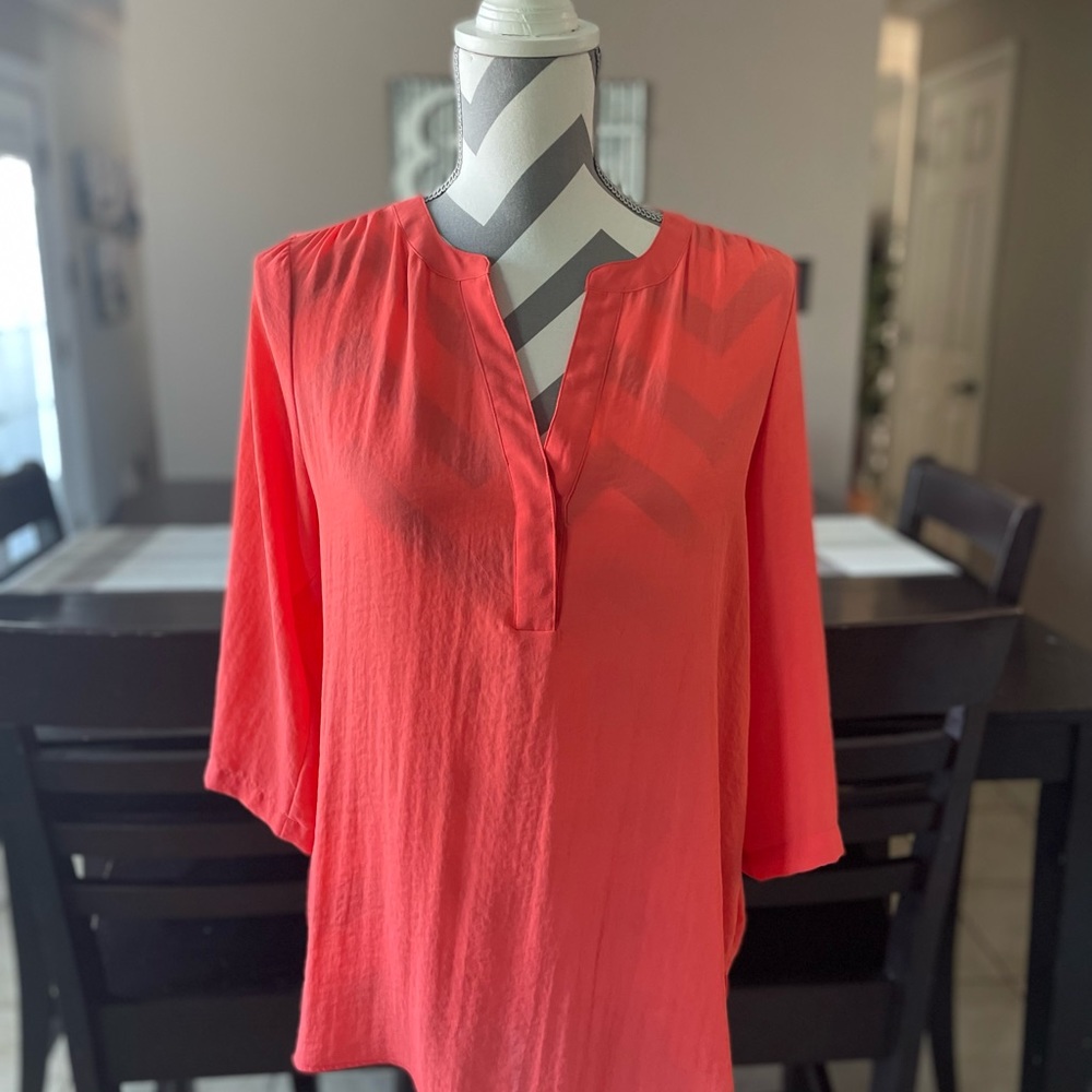 Womens Orange/Coral,  regular fit, V neck, mid sleeve, Top